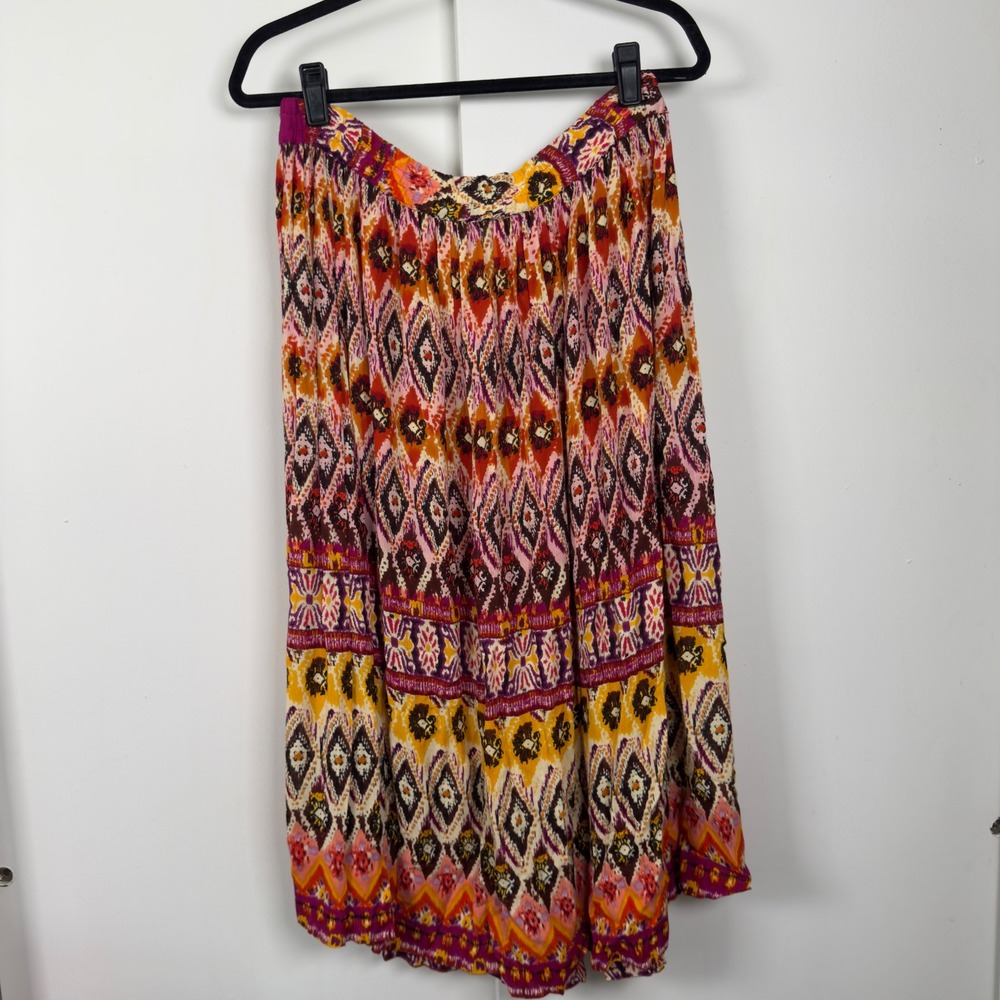 Chaudry KC Womens Small Boho Geometric Print Midi Skirt Orange Magenta Mixed